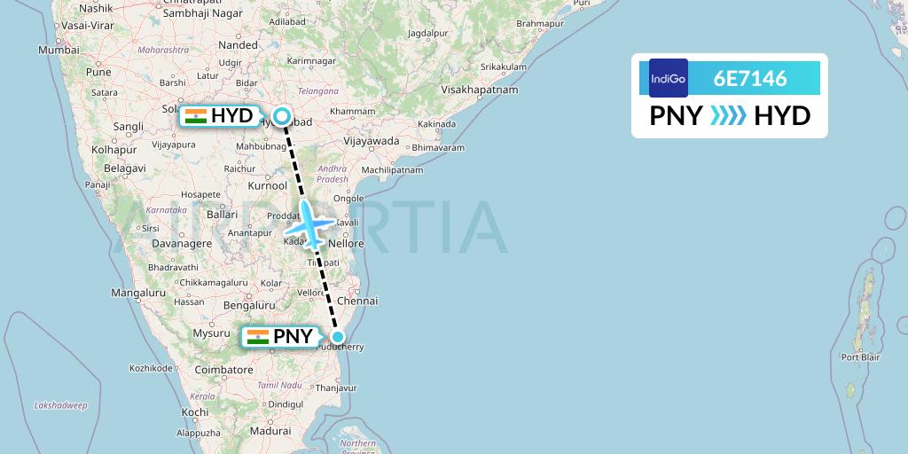 6E7146 IndiGo Airlines Flight Map: India to Hyderabad