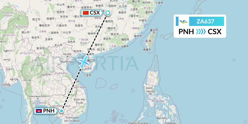 ZA637 Sky Angkor Airlines Flight Map: Phnom Penh to Changsha