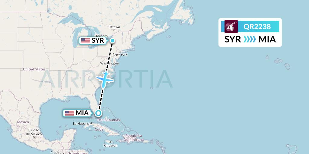 QR2238 Qatar Airways Flight Map: Syracuse to Miami