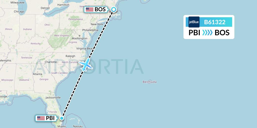B61322 JetBlue Airways Flight Map: West Palm Beach to Boston