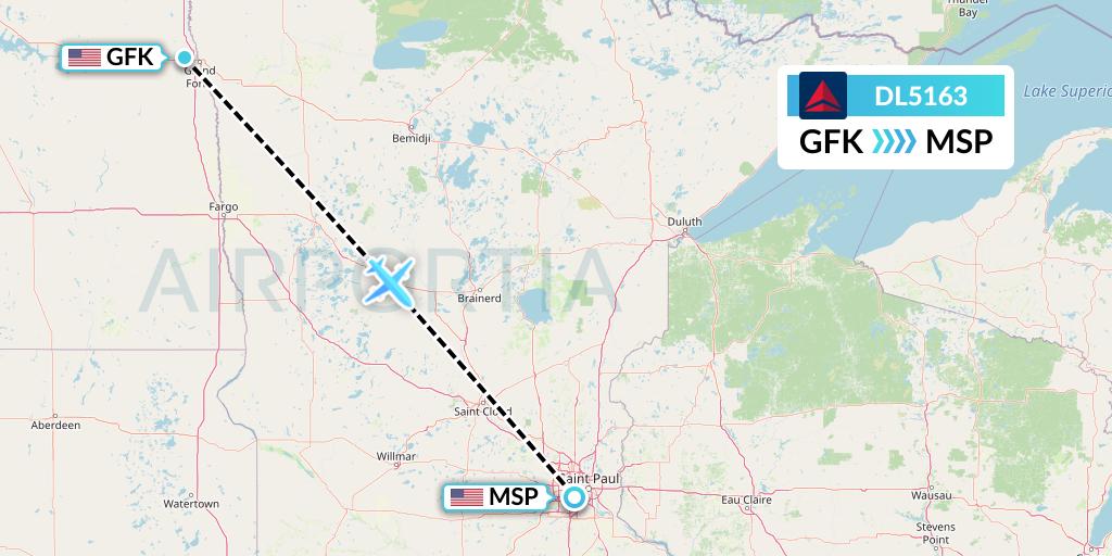 DL5163 Delta Air Lines Flight Map: Grand Forks to Minneapolis
