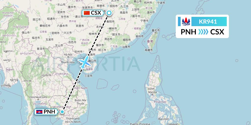 KR941 Cambodia Airways Flight Map: Phnom Penh to Changsha