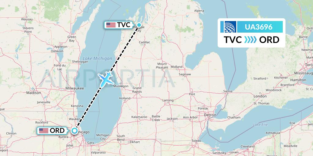 UA3696 United Airlines Flight Map: Traverse City to Chicago