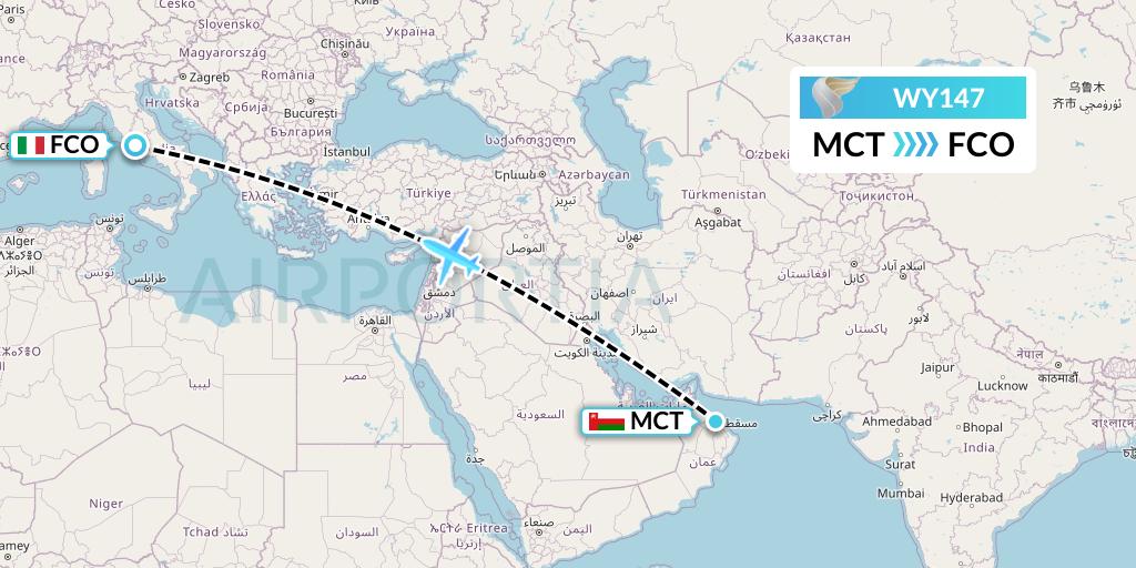 WY147 Oman Air Flight Map: Muscat to Rome