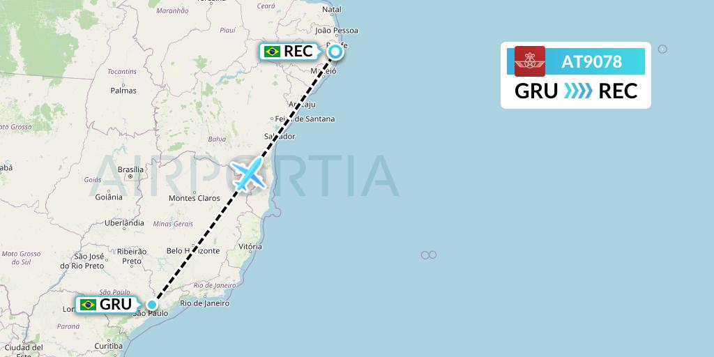AT9078 Royal Air Maroc Flight Map: Sao Paulo to Recife