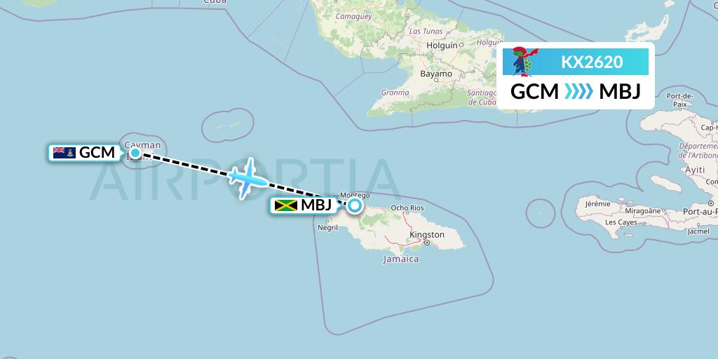 KX2620 Cayman Airways Flight Map: George Town to Montego Bay