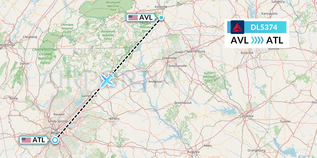 DL5374 Delta Air Lines Flight Map: Asheville to Atlanta