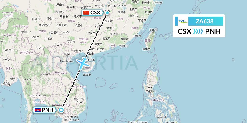 ZA638 Sky Angkor Airlines Flight Map: Changsha to Phnom Penh