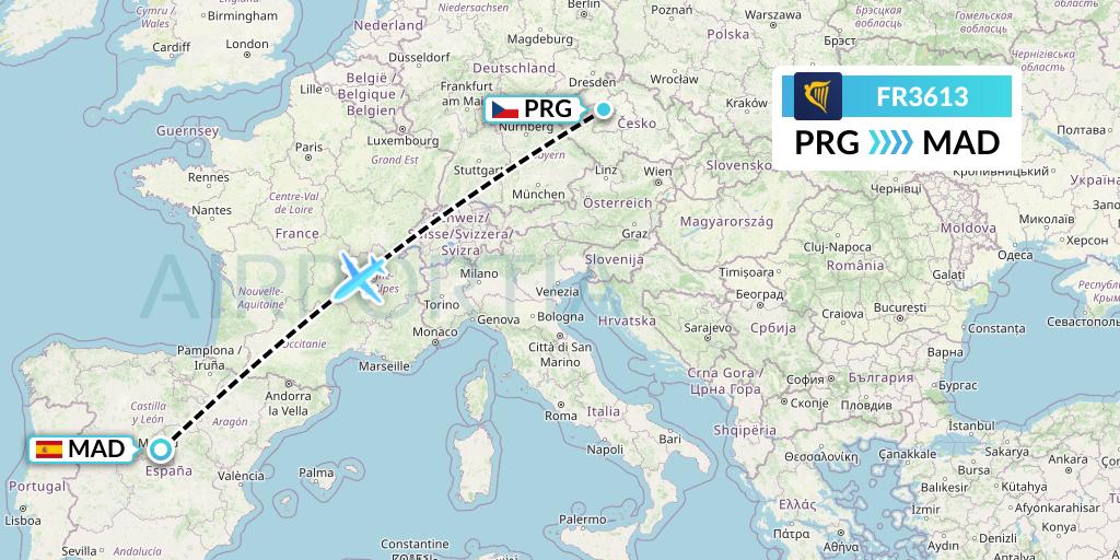 FR3613 Ryanair Flight Map: Prague to Madrid