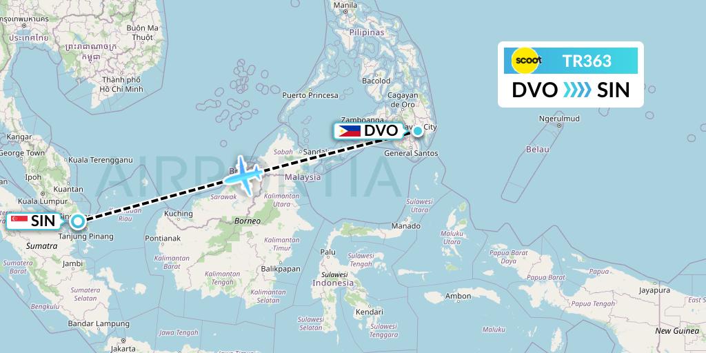 TR363 Tigerair Flight Map: Davao City to Singapore