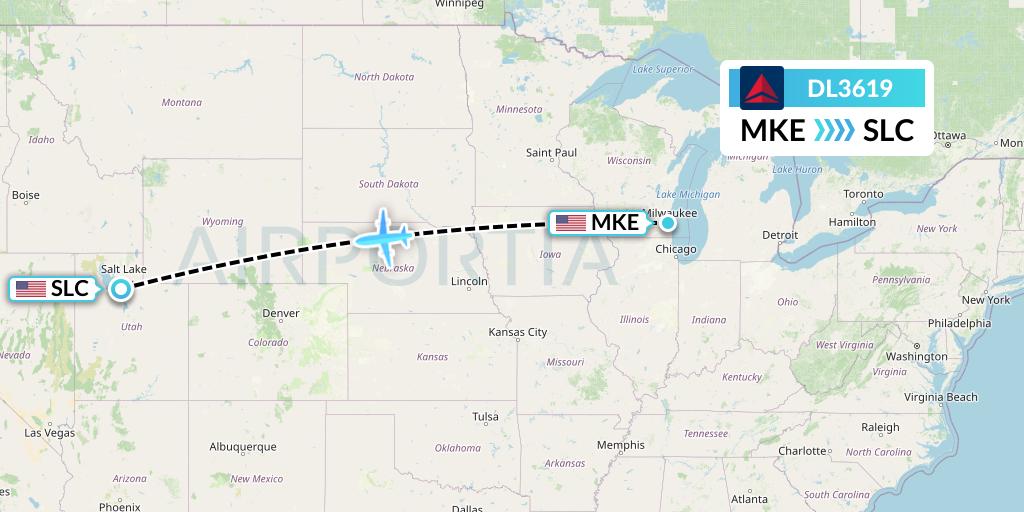 DL3619 Delta Air Lines Flight Map: Milwaukee to Salt Lake City