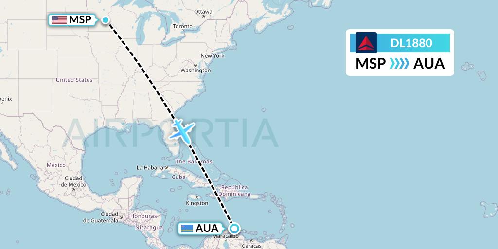 DL1880 Delta Air Lines Flight Map: Minneapolis to Oranjestad