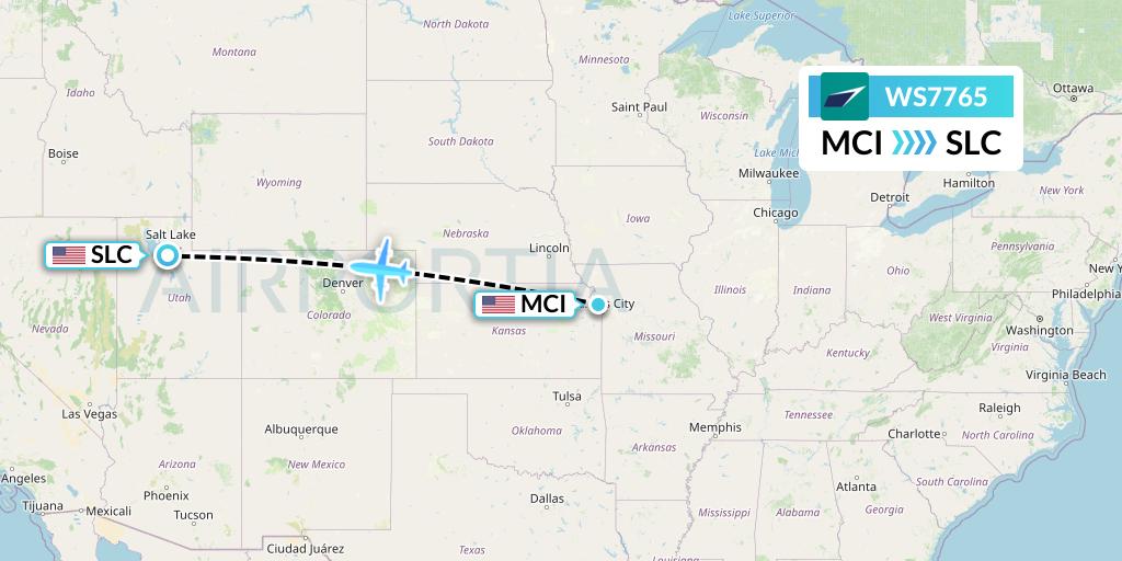 WS7765 WestJet Flight Map: Kansas City to Salt Lake City