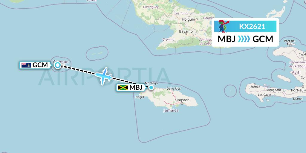 KX2621 Cayman Airways Flight Map: Montego Bay to George Town