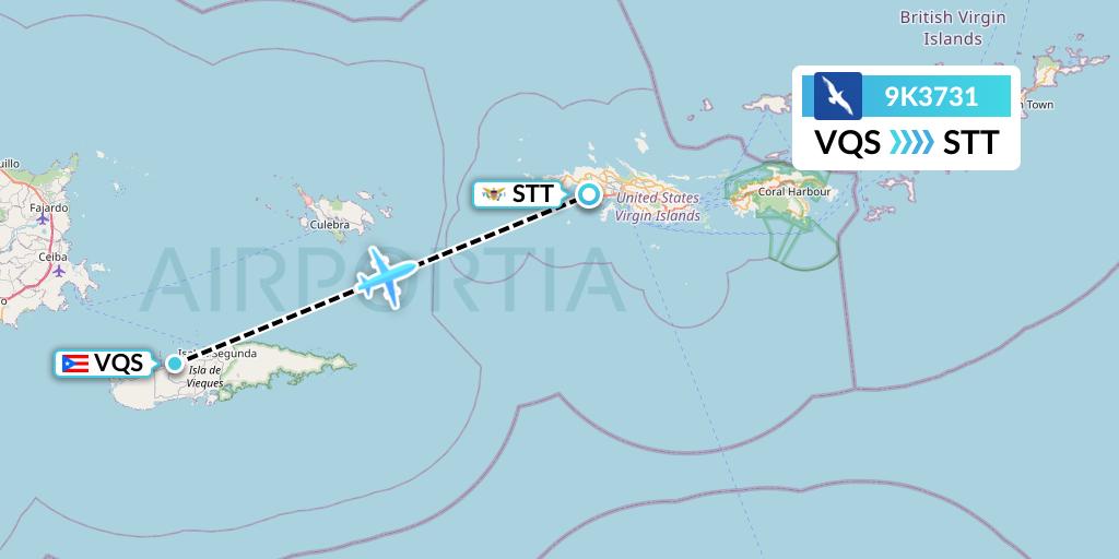 9K3731 Cape Air Flight Map: Vieques to St. Thomas