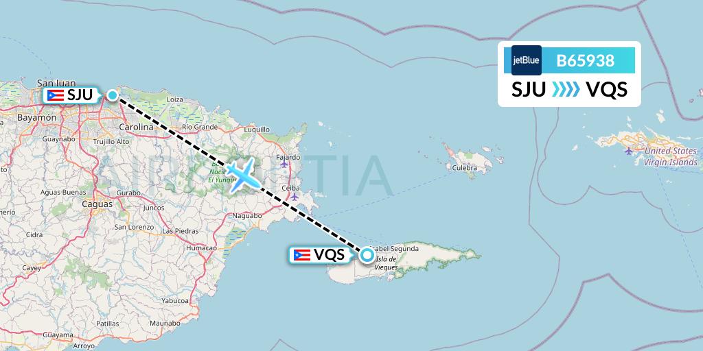 B65938 JetBlue Airways Flight Map: San Juan to Vieques