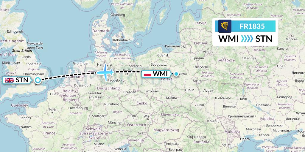 FR1835 Ryanair Flight Map: Warsaw to London
