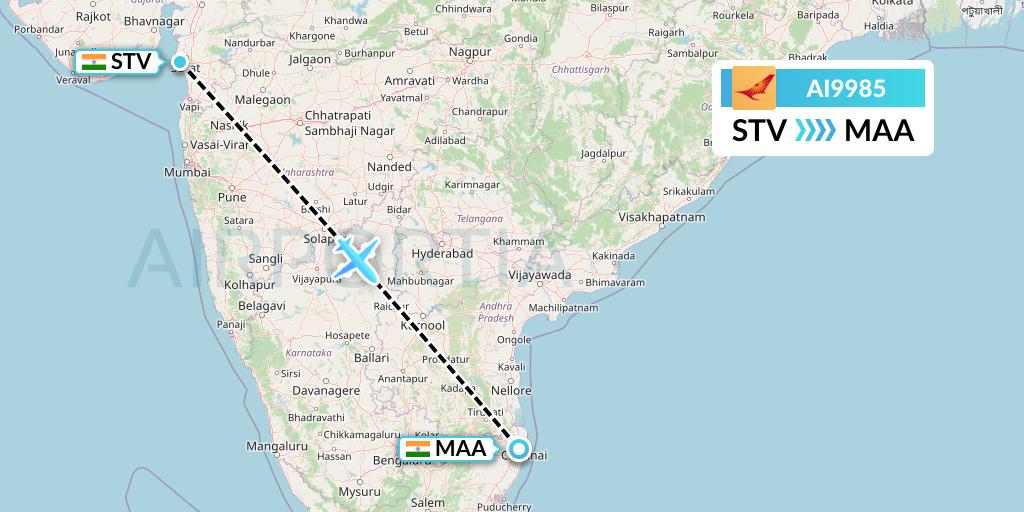 AI9985 Air India Flight Map: Surat to Chennai