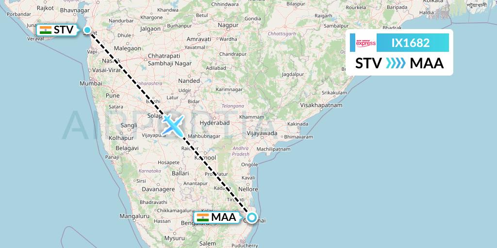 IX1682 Air India Express Flight Map: Surat to Chennai