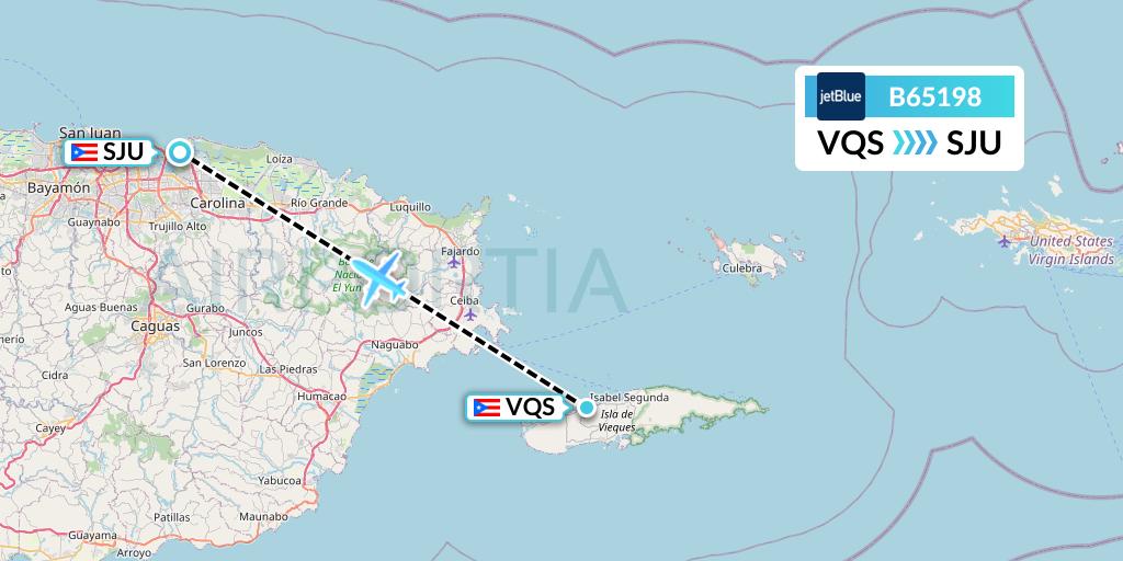 B65198 JetBlue Airways Flight Map: Vieques to San Juan
