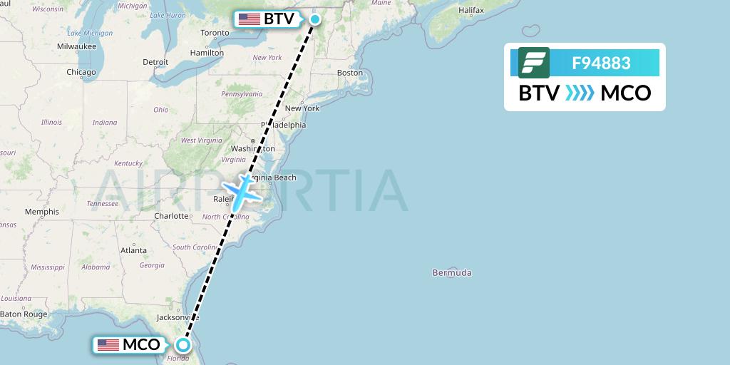 F94883 Frontier Airlines Flight Map: Burlington to Orlando