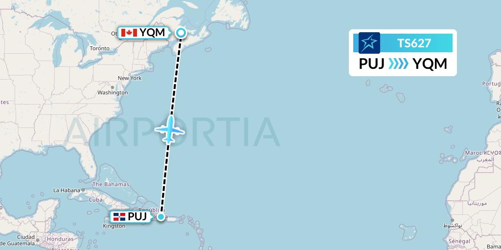 TS627 Air Transat Flight Map: Punta Cana to Moncton