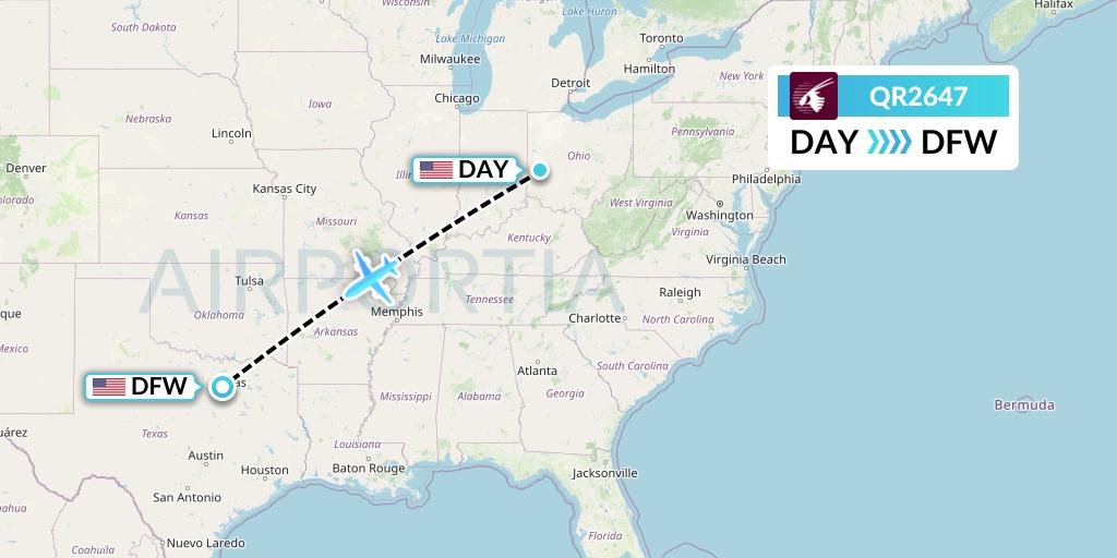 QR2647 Qatar Airways Flight Map: Dayton to Dallas