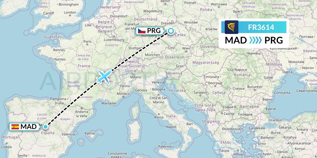 FR3614 Ryanair Flight Map: Madrid to Prague