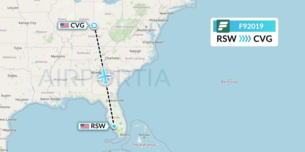 F92019 Frontier Airlines Flight Map: Fort Myers to Cincinnati