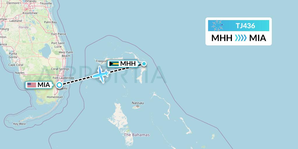 TJ436 Tradewind Aviation Flight Map: Marsh Harbour to Miami