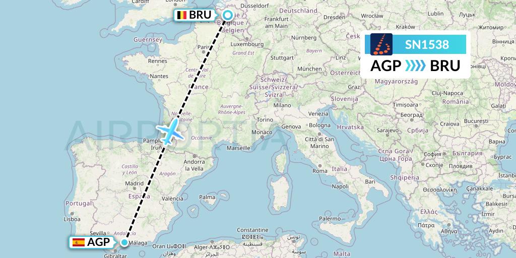 SN1538 Brussels Airlines Flight Map: Malaga to Brussels