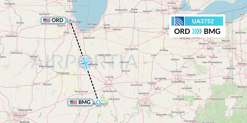 UA3752 United Airlines Flight Map: Chicago to Bloomington