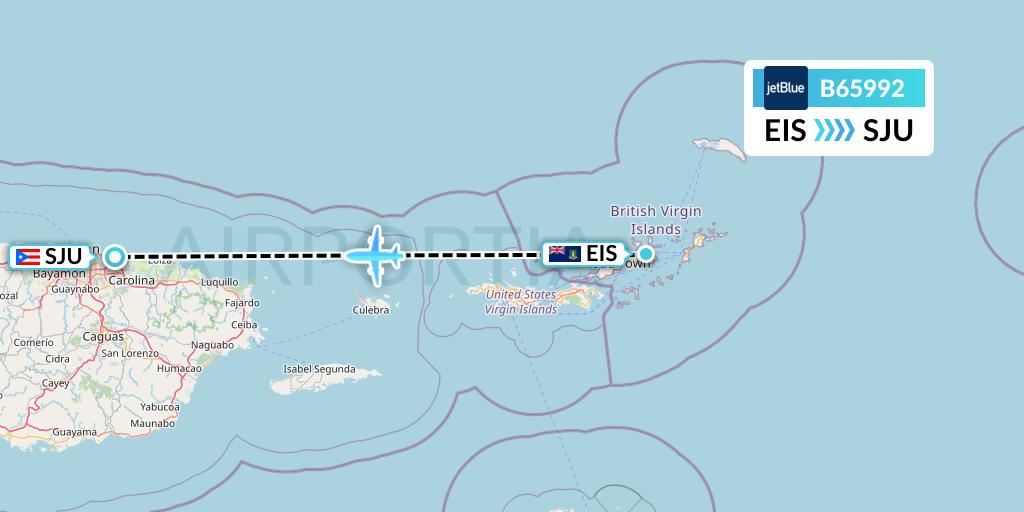 B65992 JetBlue Airways Flight Map: Beef Island to San Juan