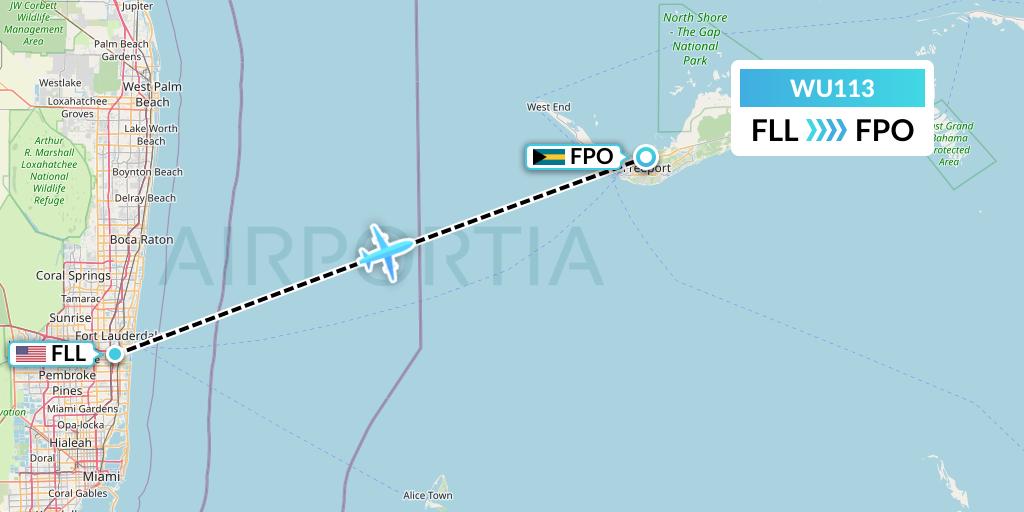WU113 Western Air Flight Map: Fort Lauderdale to Freeport