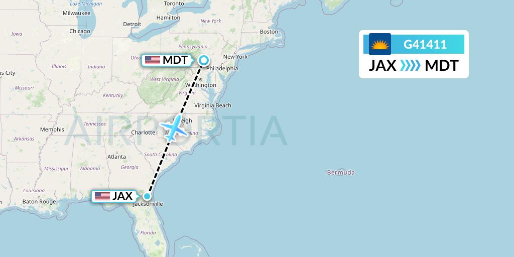 G41411 Allegiant Air Flight Map: Jacksonville to Harrisburg