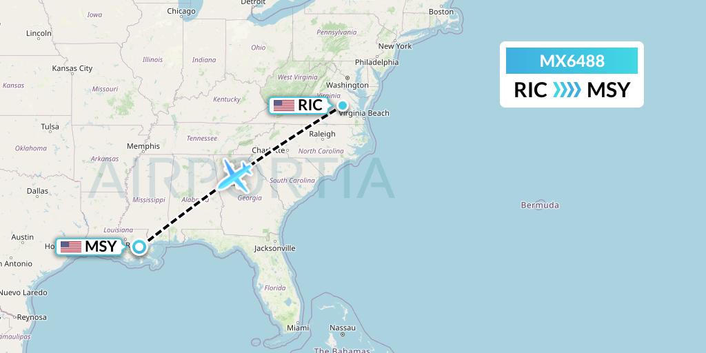 MX6488 Breeze Airways Flight Map: Richmond to New Orleans