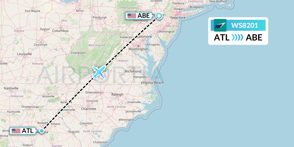 WS8201 WestJet Flight Map: Atlanta to Allentown