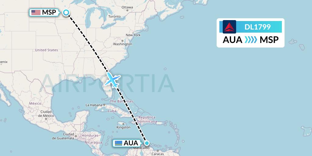 DL1799 Delta Air Lines Flight Map: Oranjestad to Minneapolis