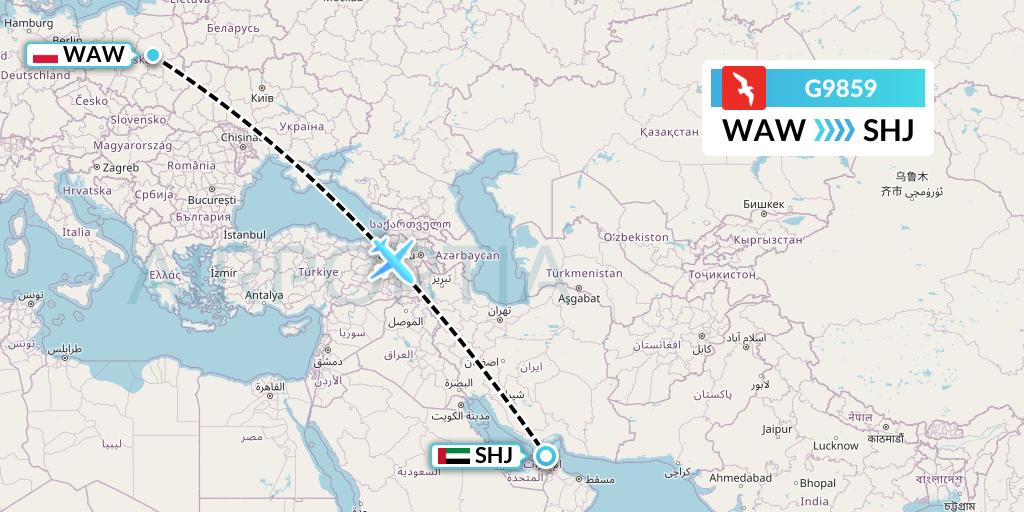 G9859 Air Arabia Flight Map: Warsaw to Sharjah