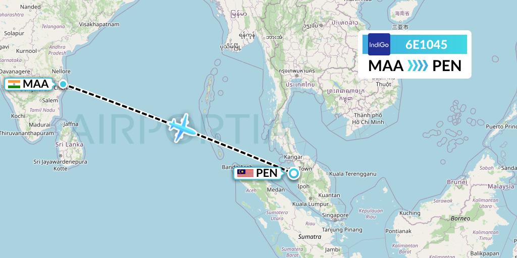 6E1045 IndiGo Airlines Flight Map: Chennai to Penang