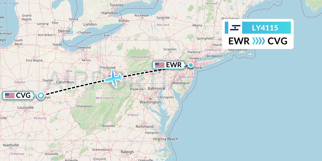 LY4115 El Al Flight Map: New York to Cincinnati