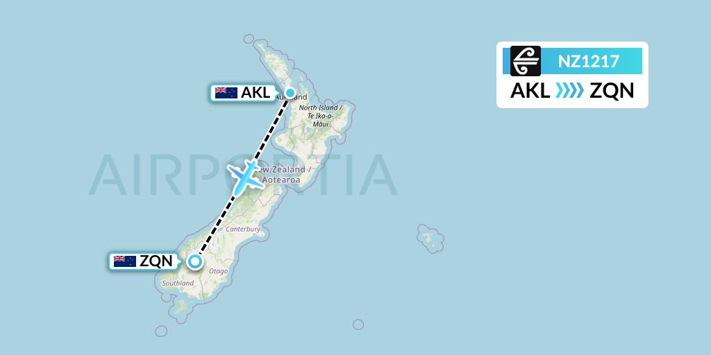 NZ1217 Air New Zealand Flight Map: Auckland to Queenstown