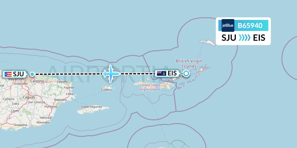B65940 JetBlue Airways Flight Map: San Juan to Beef Island