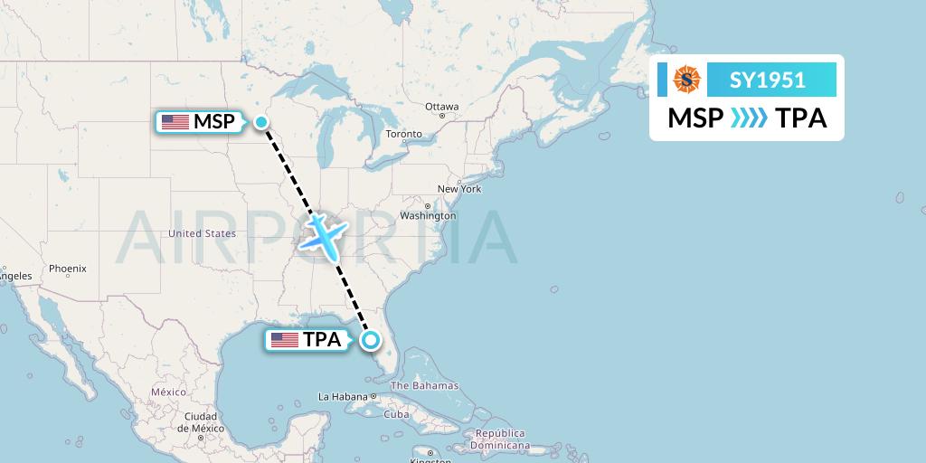 SY1951 Sun Country Airlines Flight Map: Minneapolis to Tampa