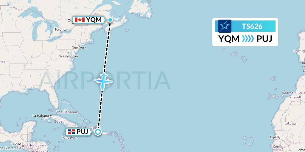 TS626 Air Transat Flight Map: Moncton to Punta Cana