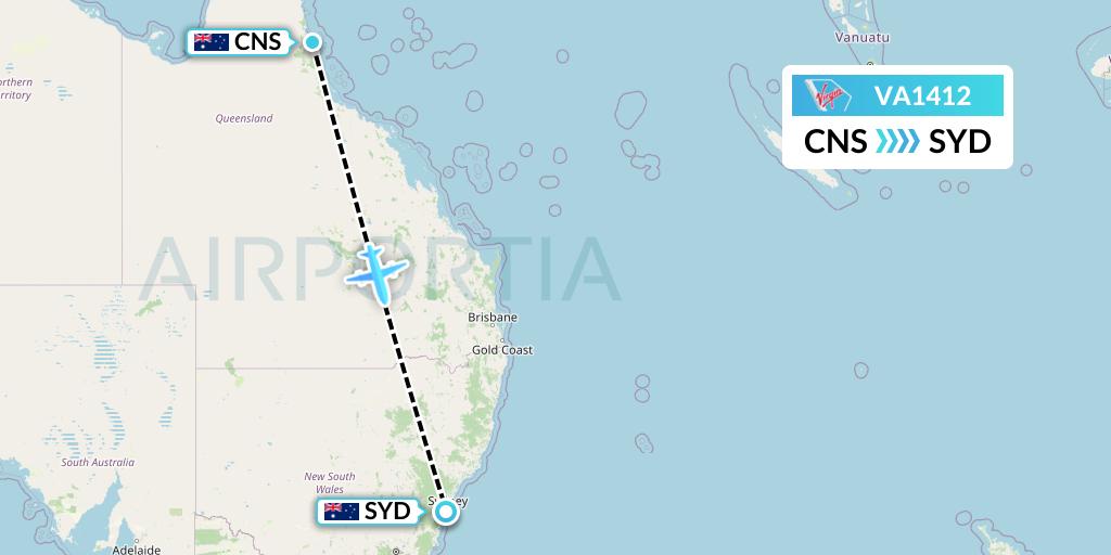 VA1412 Virgin Australia Flight Map: Cairns to Sydney
