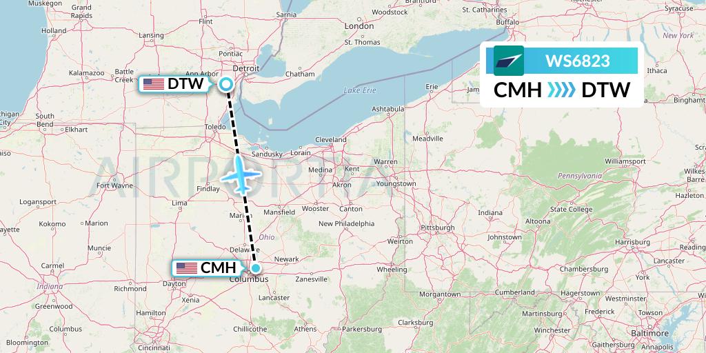 WS6823 WestJet Flight Map: Columbus to Detroit