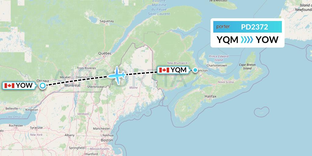 PD2372 Porter Airlines Flight Map: Moncton to Ottawa