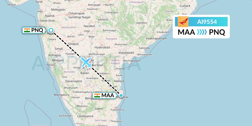 AI9554 Air India Flight Map: Chennai to Pune