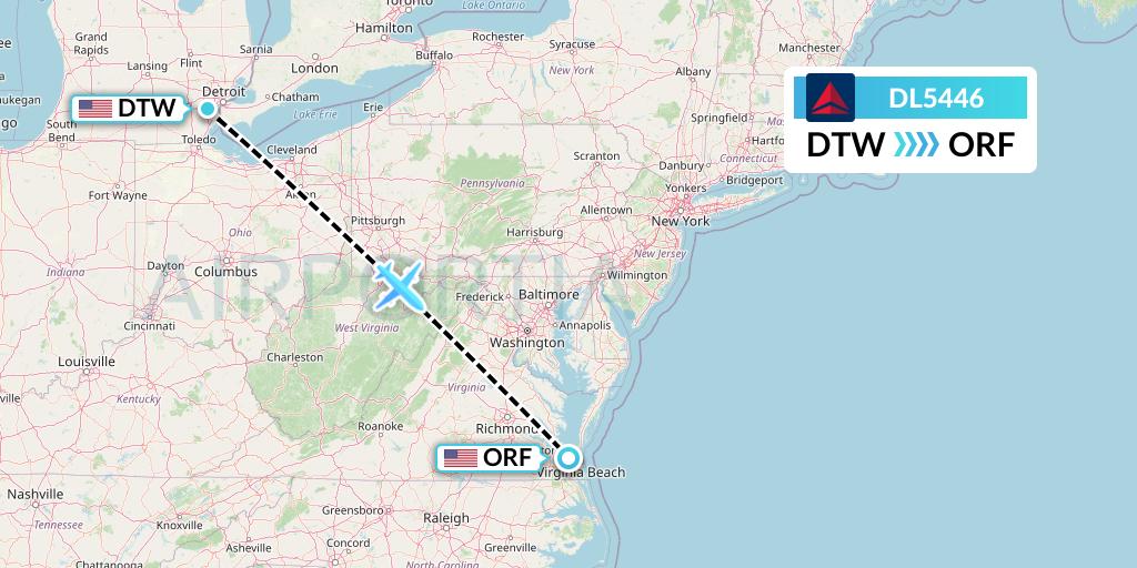 DL5446 Delta Air Lines Flight Map: Detroit to Norfolk